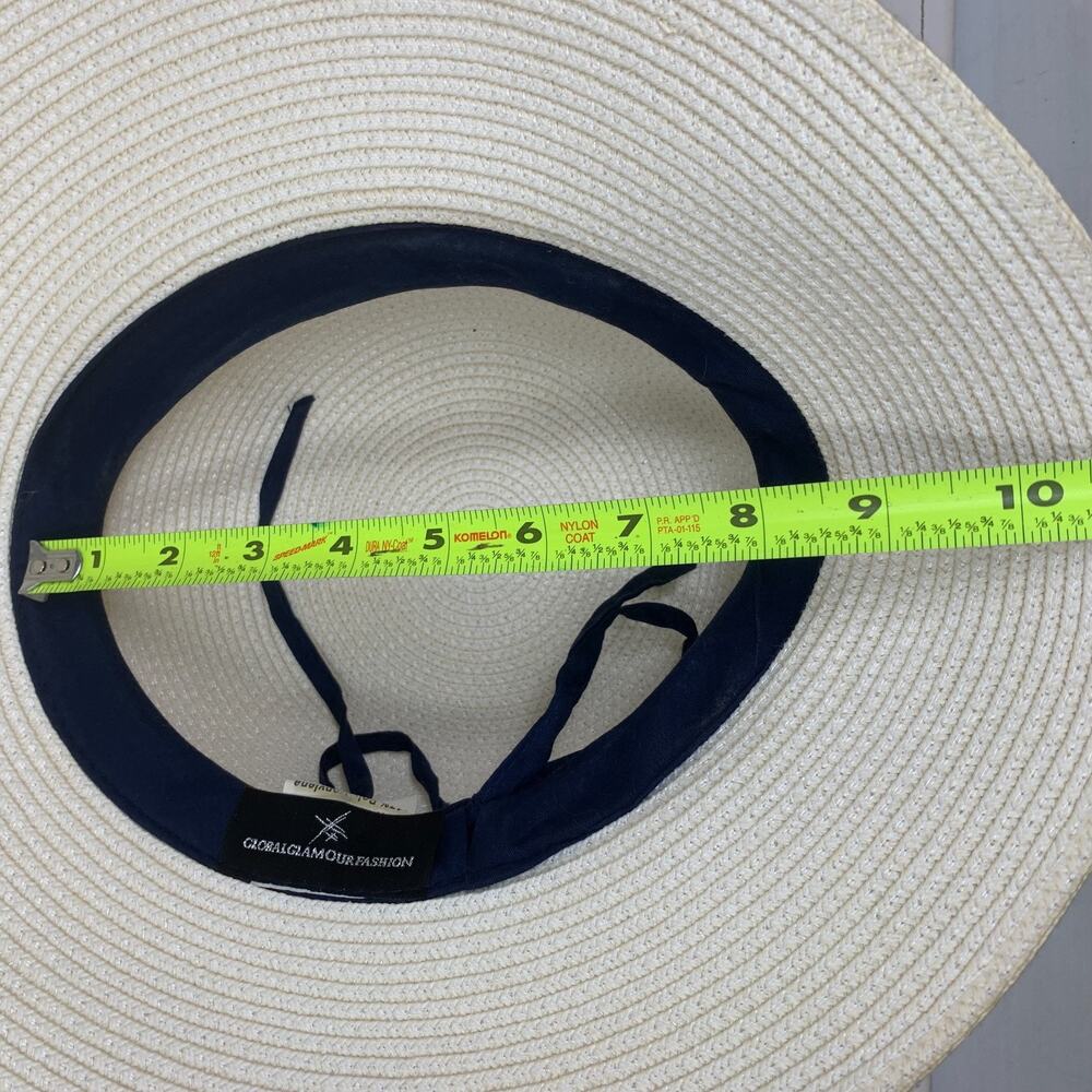 Global Glamour Raffia Hat White Tall Crown 3.5" Brim Navy Band O/S Adjustable - Picture 9 of 10